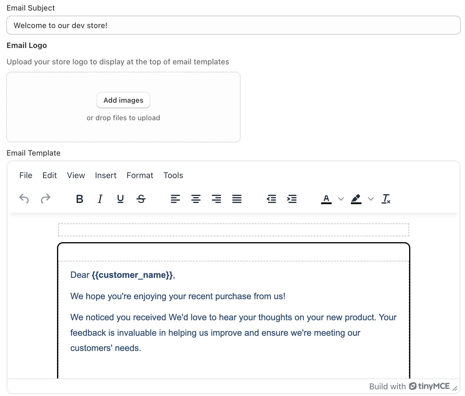 Email template configuration