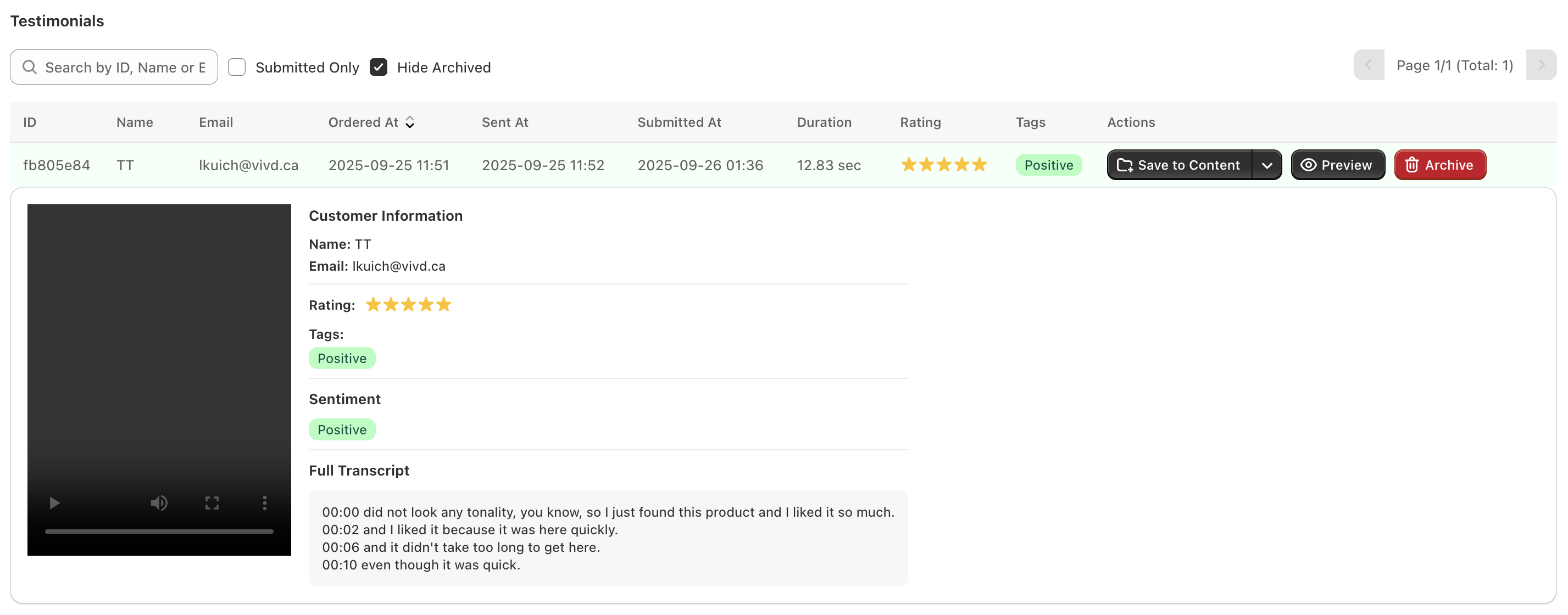 Testimonials dashboard